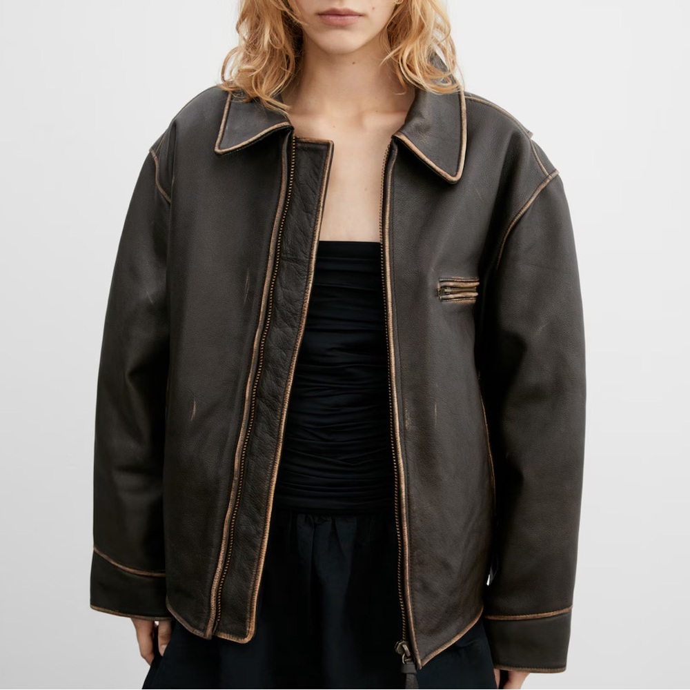 New With Tags Mango Dark Leather Jacket with Brown Trim
